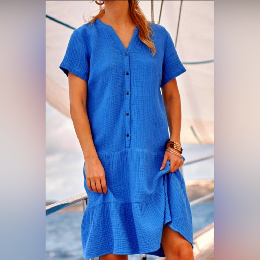 J.Jill Women’s Blue Crinkle Cotton Button-Front Tiered Midi Dress | Size Small